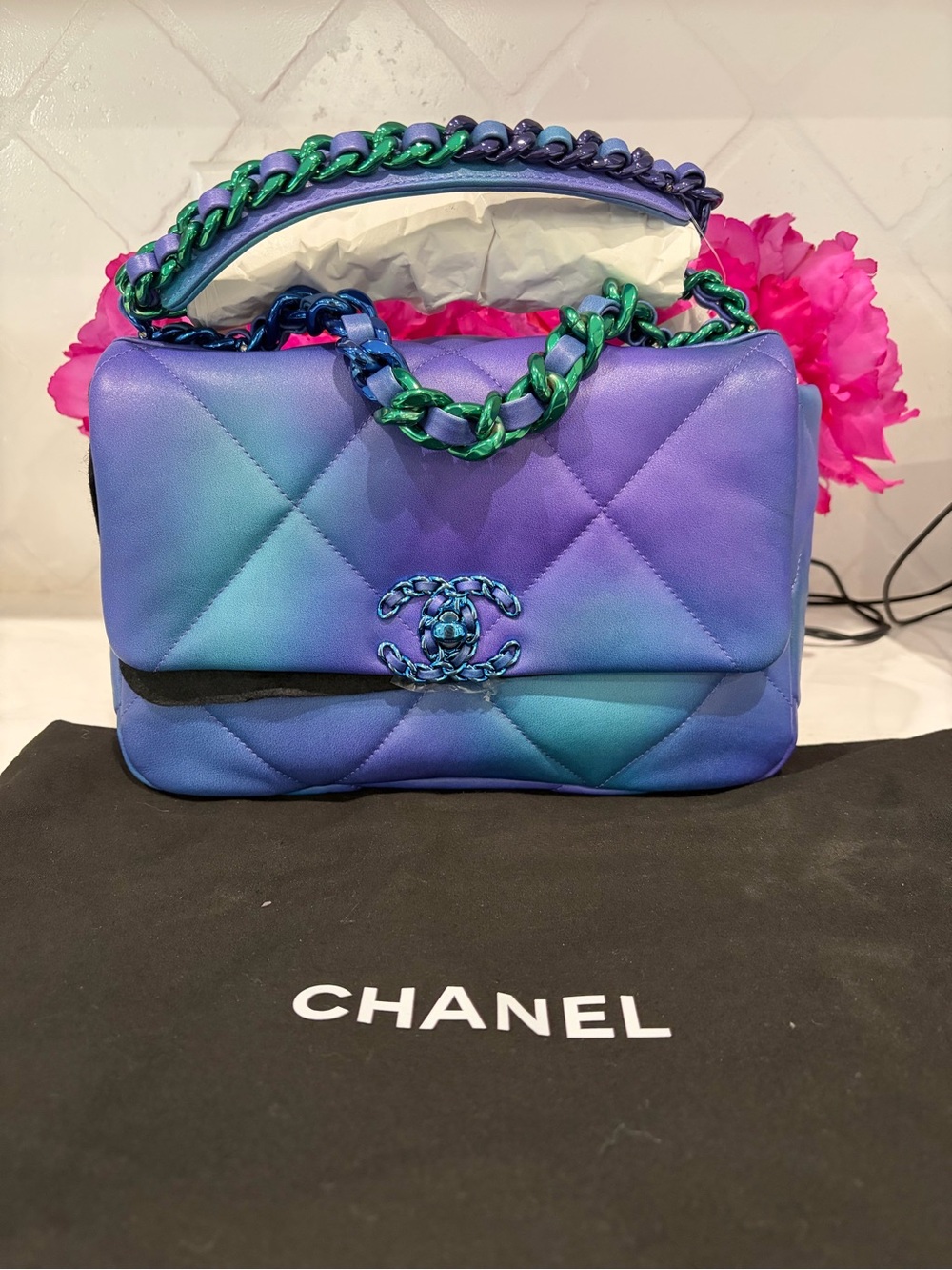 CHANEL Quilted Shoulder Bag in Purple and Teal Gradient